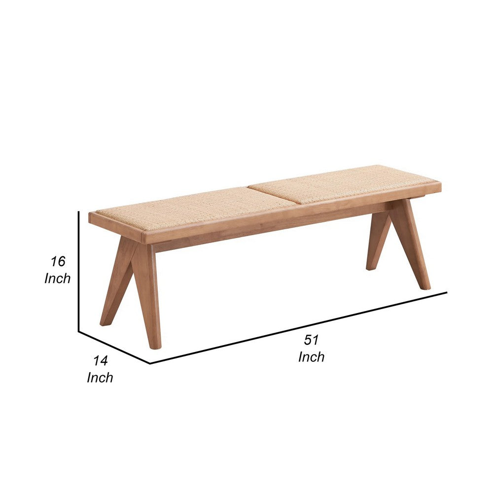 Tina 51 Inch Dining Bench, Transitional Woven Rattan, Natural Brown Wood