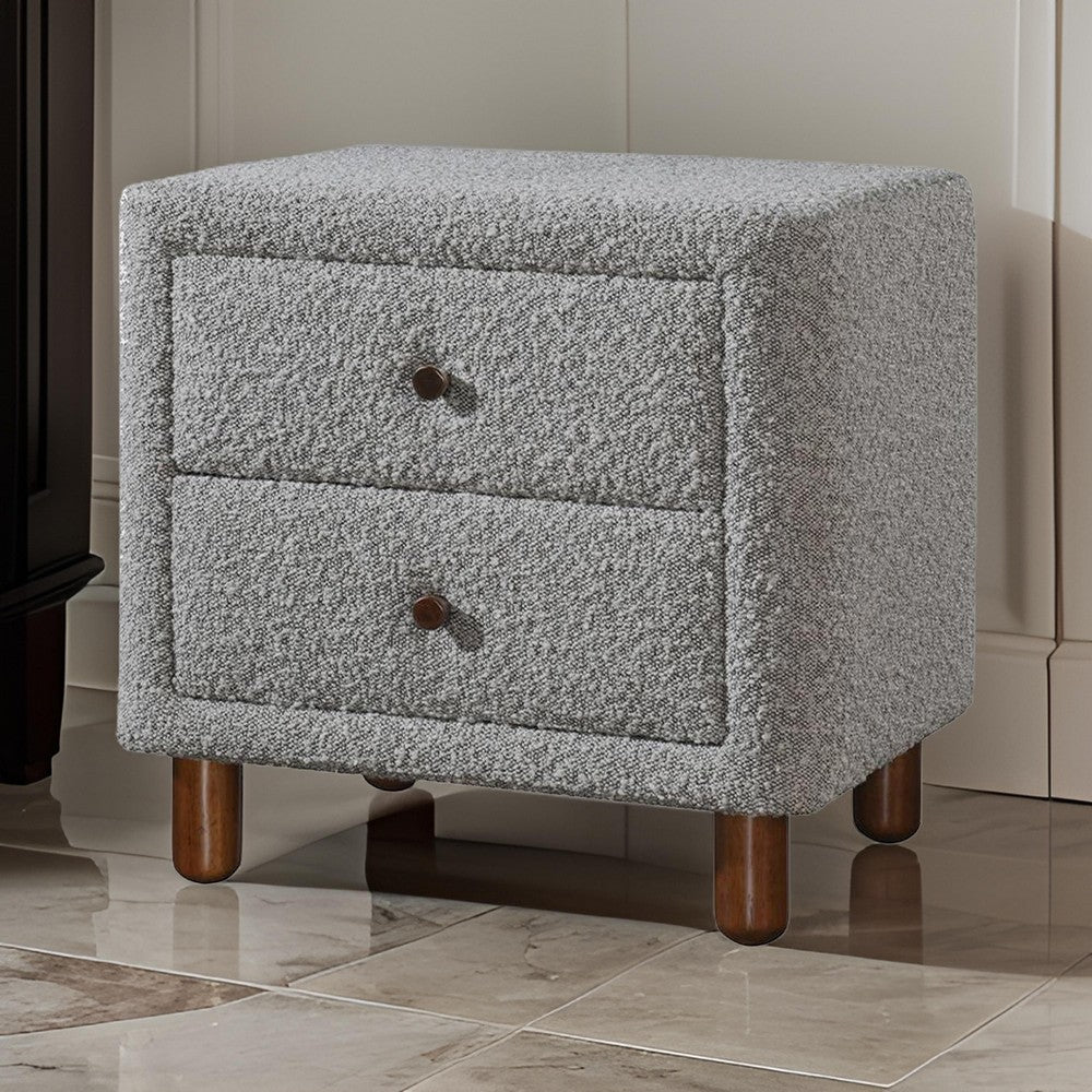 Lyno 20 Inch Nightstand, 2 Drawers, Brown Legs, Gray Boucle Upholstery