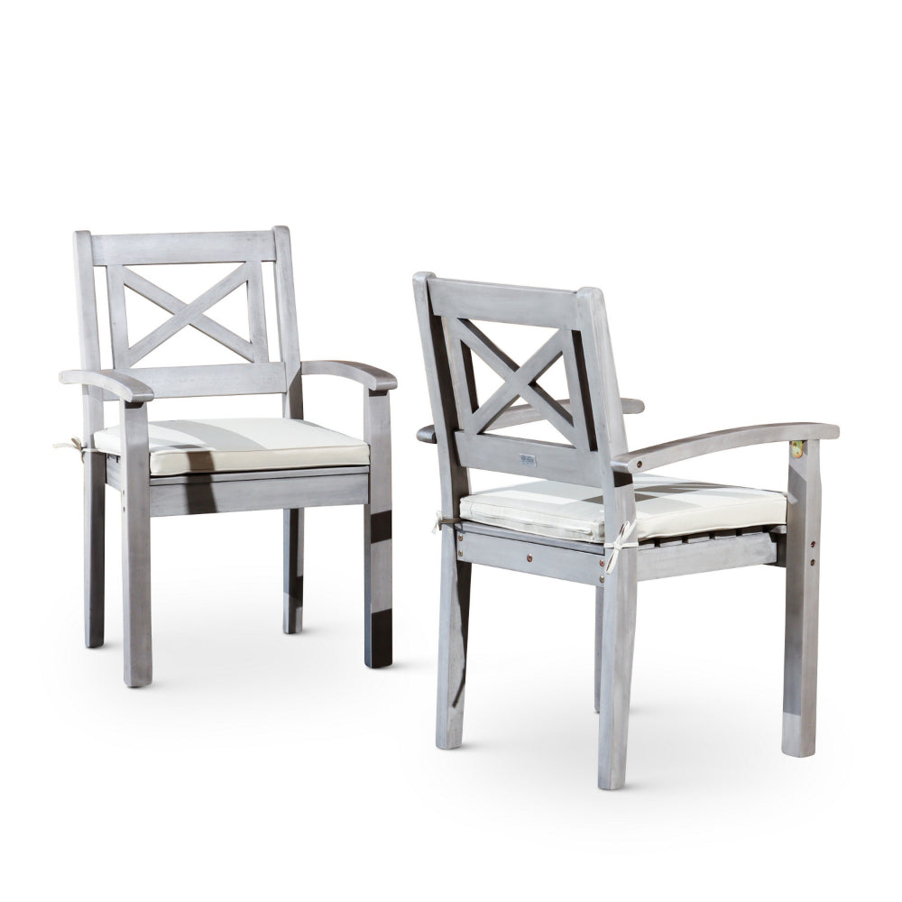 35 Inch Set of 2 Dining Armchairs, Cushioned, X Open Back, Silver, Gray