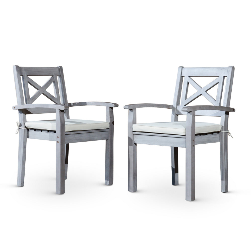 35 Inch Set of 2 Dining Armchairs, Cushioned, X Open Back, Silver, Gray