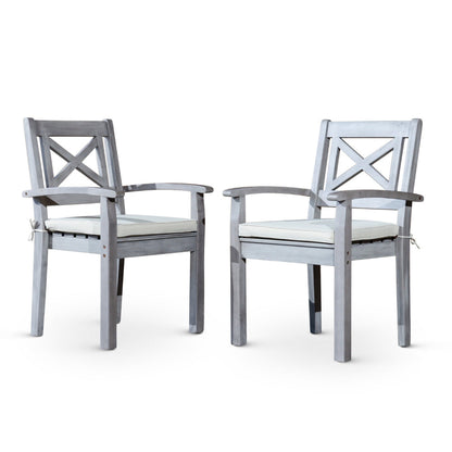 35 Inch Set of 2 Dining Armchairs, Cushioned, X Open Back, Silver, Gray