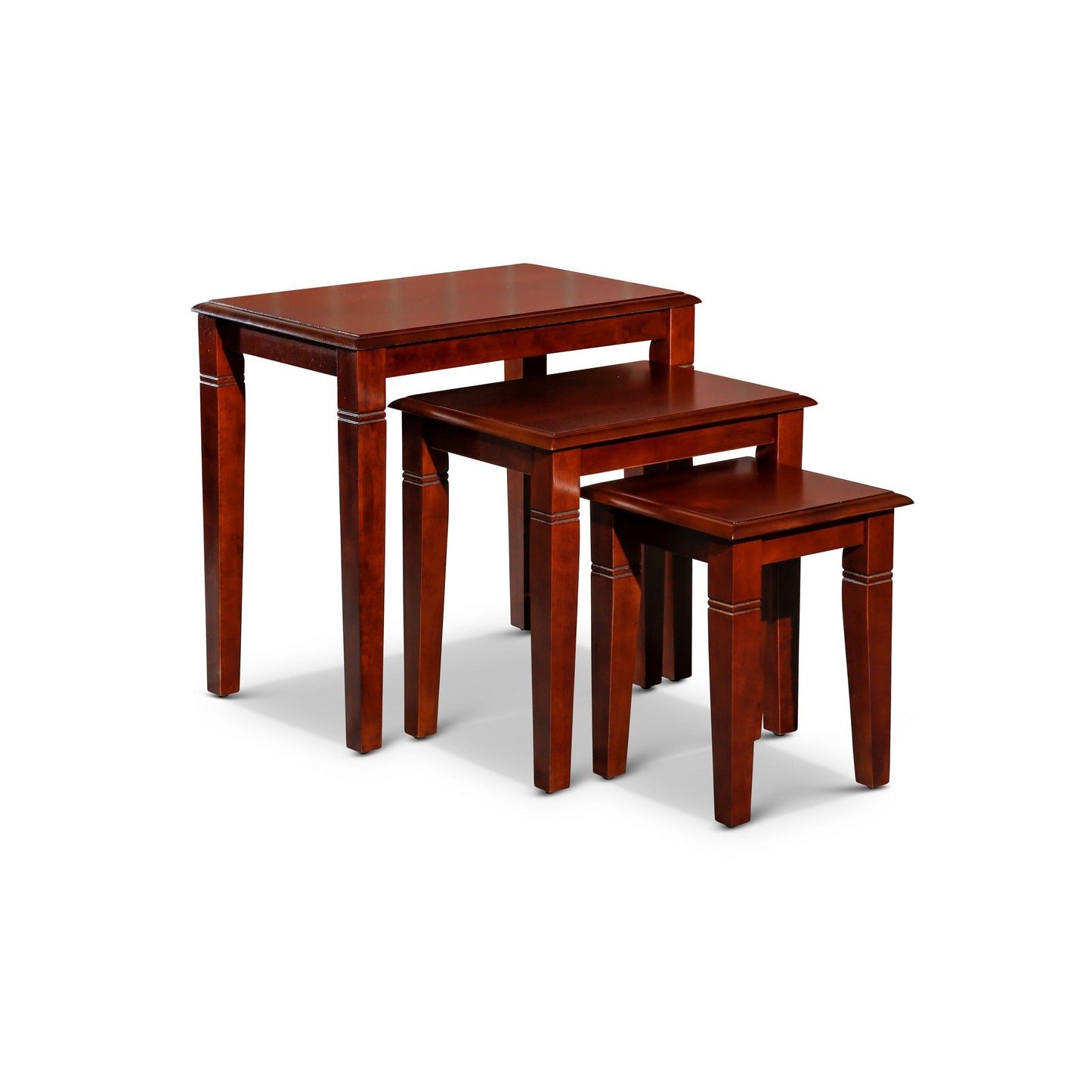 3 Piece Nesting Side Accent Table Set, Sleek Carved Cherry Brown Wood