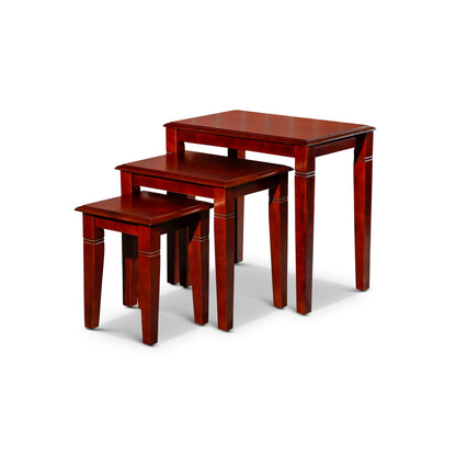 3 Piece Nesting Side Accent Table Set, Sleek Carved Cherry Brown Wood