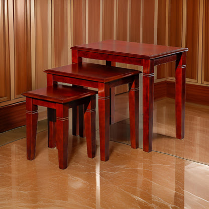 3 Piece Nesting Side Accent Table Set, Sleek Carved Cherry Brown Wood