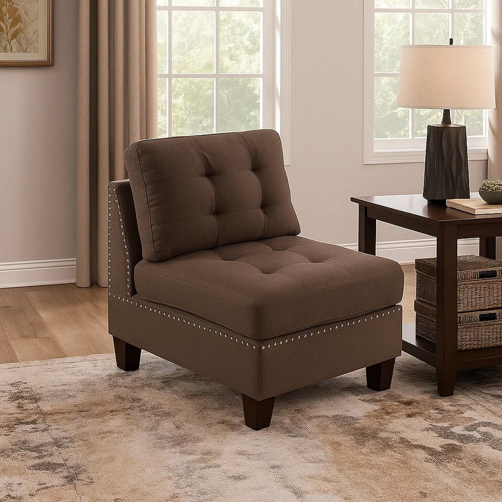 Lemy 32 Inch Modular Armless Sofa Chair, Tufted Brown Fabric, Solid Wood