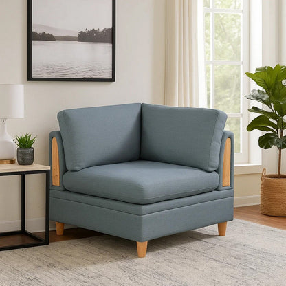 Gimy 37 Inch Modular Corner Sofa Chair, Gray Dorris Upholstery, Wood