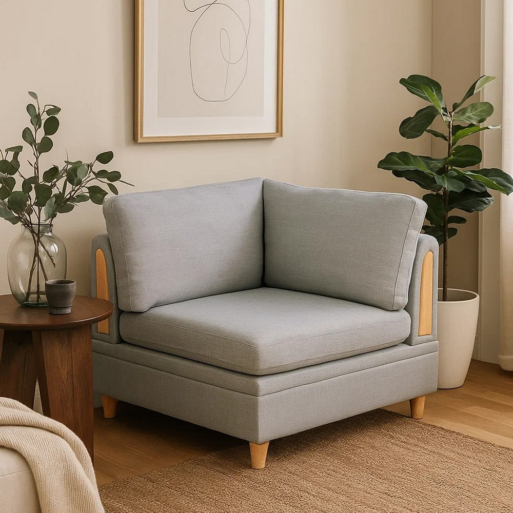Gimy 37 Inch Modular Corner Sofa Chair, Light Gray Dorris Fabric, Wood
