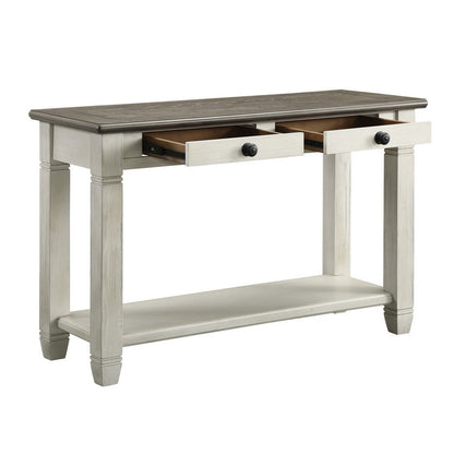 Rome 48 Inch Sofa Table, Rectangular, 2 Drawers, White, Brown, Solid Wood