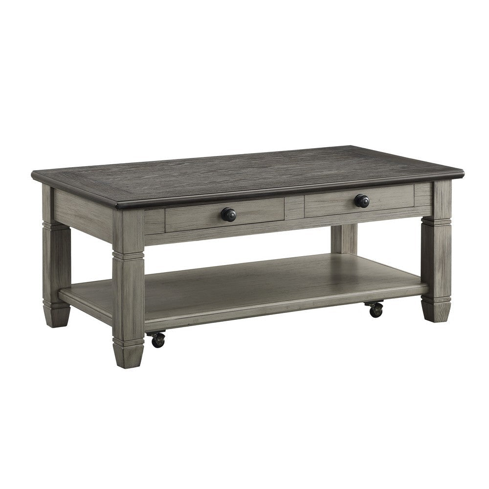 Rome 48 Inch Cocktail Coffee Table, 2 Drawers, White and Brown, Solid Wood