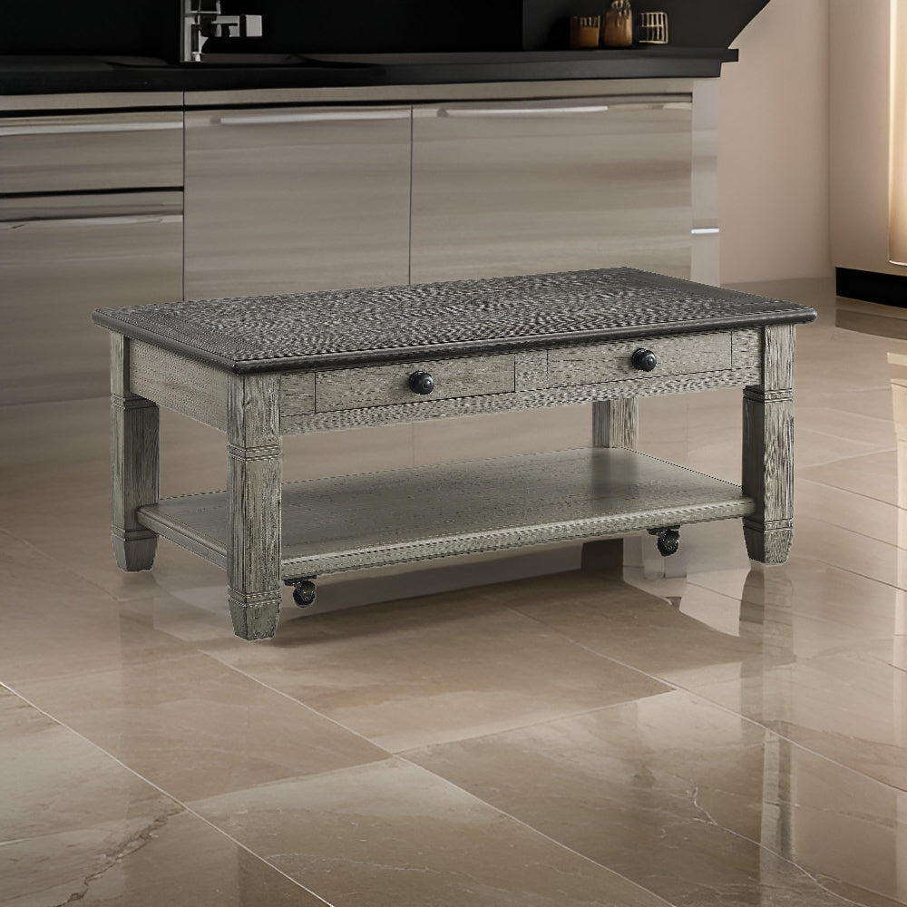 Rome 48 Inch Cocktail Table, 2 Drawers, Casters, Brown and Gray Solid Wood