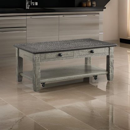 Rome 48 Inch Cocktail Table, 2 Drawers, Casters, Brown and Gray Solid Wood