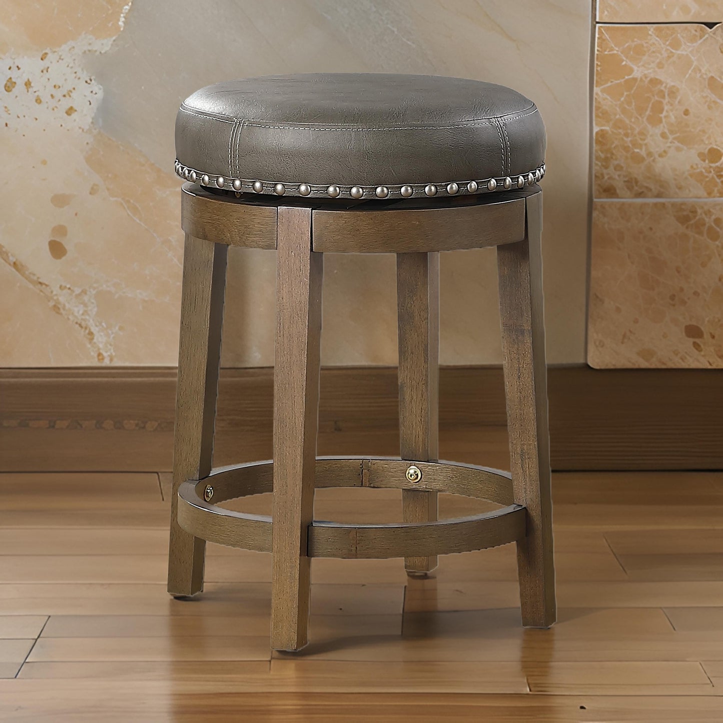 Bara 25 Inch Swivel Counter Stool Gray Round Faux Leather, Brown, Set of 2