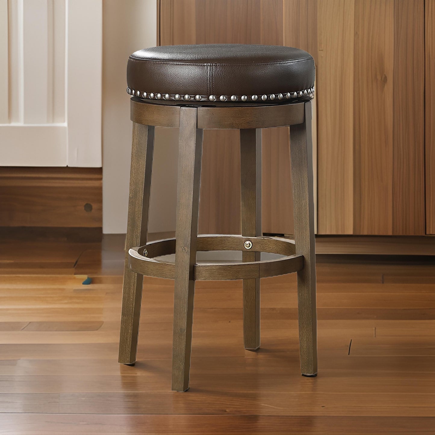 Bara 31 Inch Swivel Barstool, Brown Round Faux Leather Seat, Set of 2