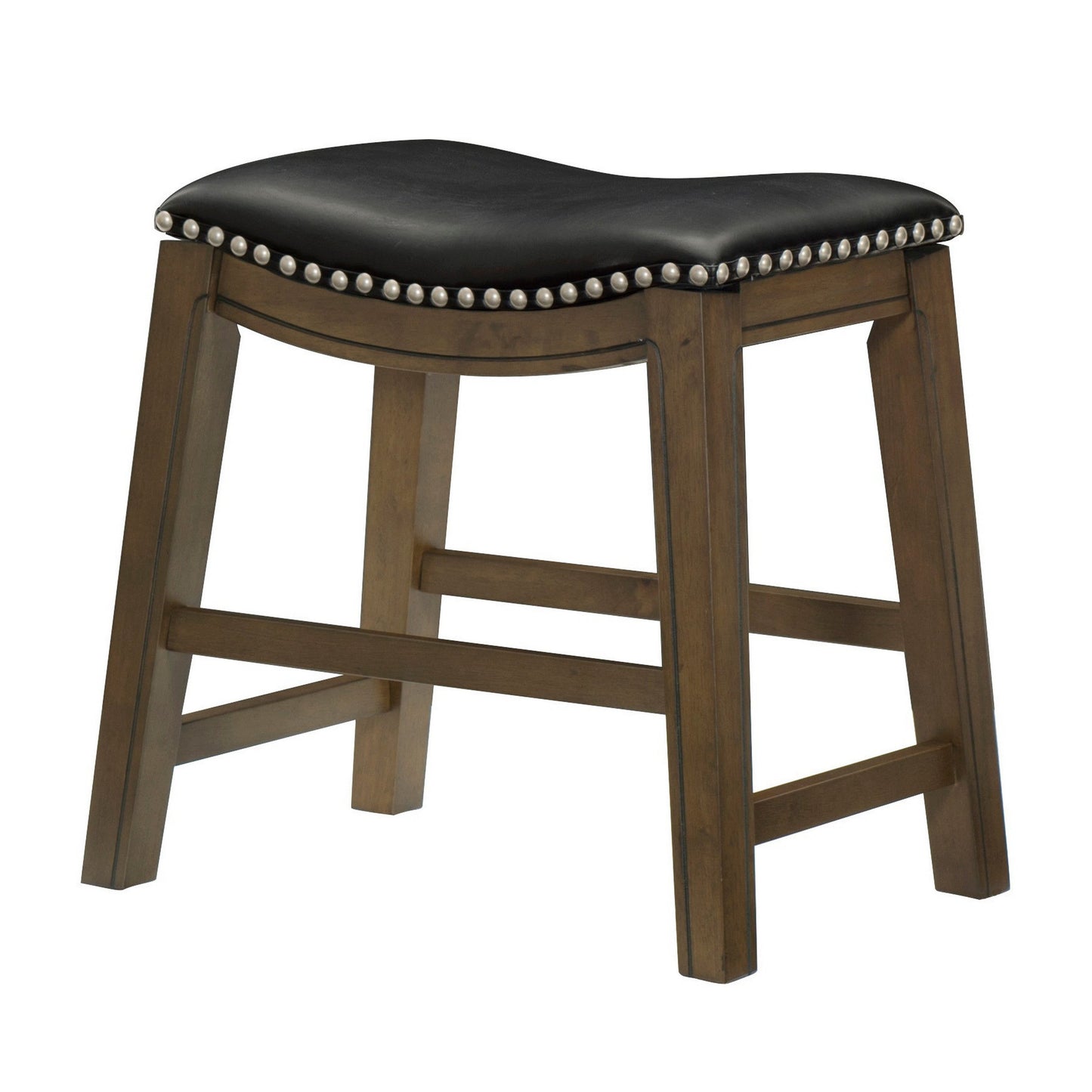 Miel 20 Inch Dining Stool, Black Faux Leather and Brown Solid Wood