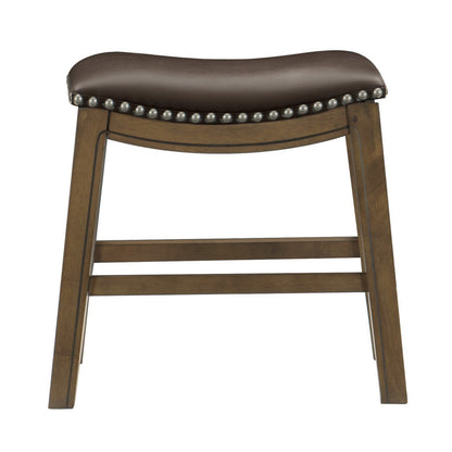 Miel 20 Inch Dining Stool, Brown Faux Leather, Brown Solid Wood, Nailheads