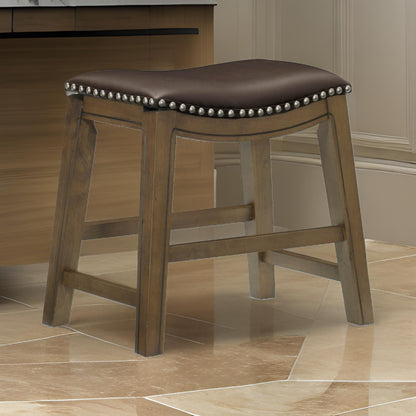 Miel 20 Inch Dining Stool, Brown Faux Leather, Brown Solid Wood, Nailheads