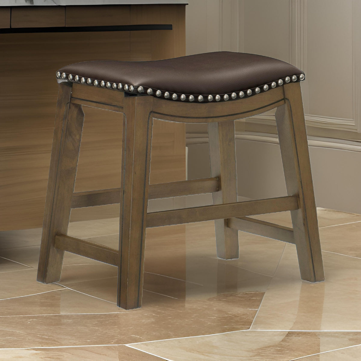 Miel 20 Inch Dining Stool, Faux Leather, Brown Solid Wood, Nailheads – Brown