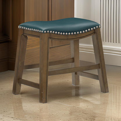 Miel 20 Inch Dining Stool, Faux Leather, Brown Solid Wood, Nailheads – Green