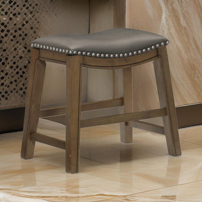 Miel 20 Inch Dining Stool, Faux Leather, Brown Solid Wood, Nailheads – Grey