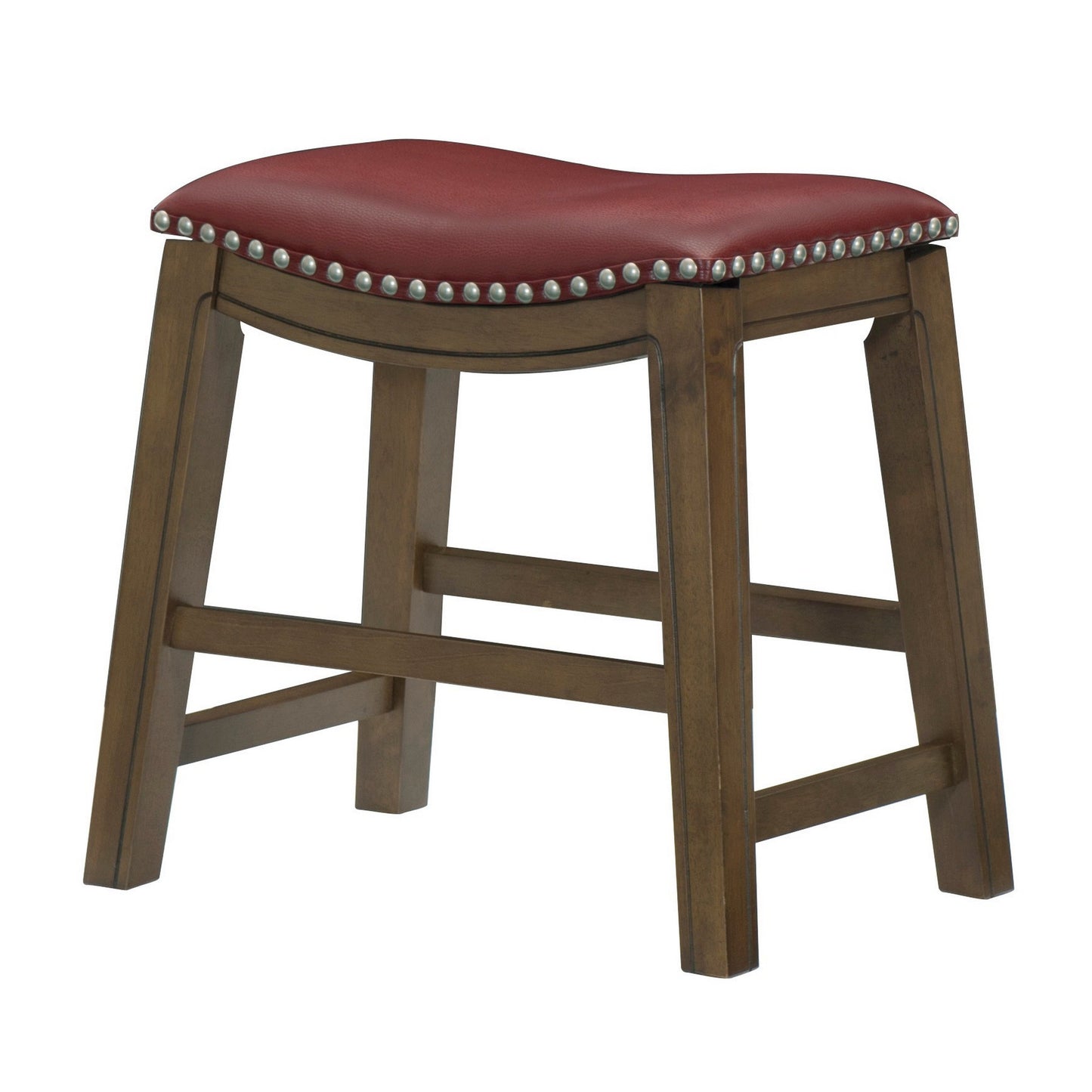 Miel 20 Inch Dining Stool, Red Faux Leather, Brown Solid Wood, Nailheads