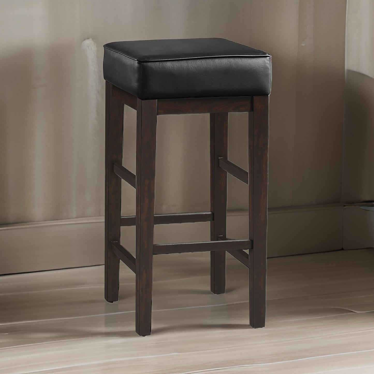 Vin 31 Inch Bar Height Stool, Black Faux Leather Seat, Dark Brown, Set of 2