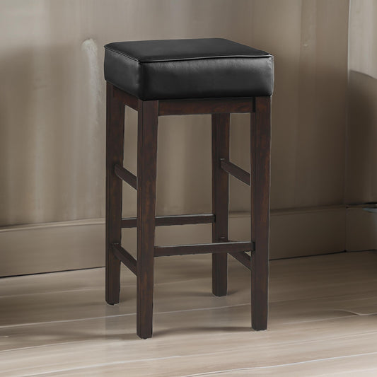 Vin 31 Inch Bar Height Stool, Black Faux Leather Seat, Dark Brown, Set of 2