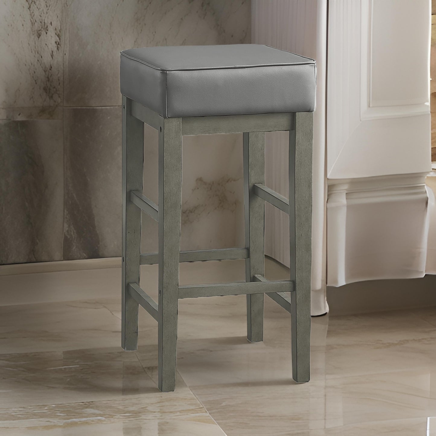 Vin 31 Inch Counter Height Stool, Gray Faux Leather Seat, Wood, Set of 2