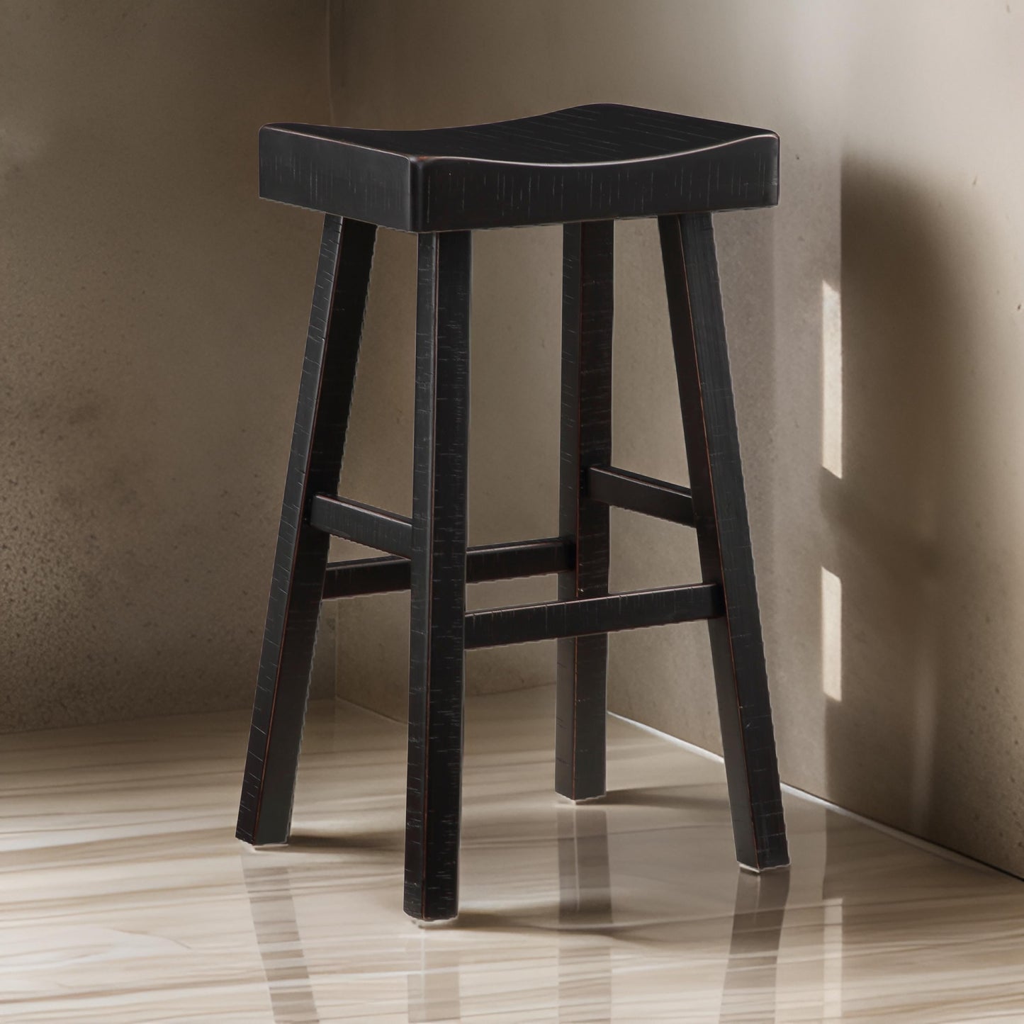 Casy 30 Inch Bar Height Stool, Saddle Seat, Black Rubberwood, Set of 2