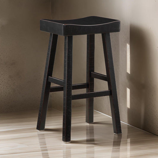 Casy 30 Inch Bar Height Stool, Saddle Seat, Black Rubberwood, Set of 2