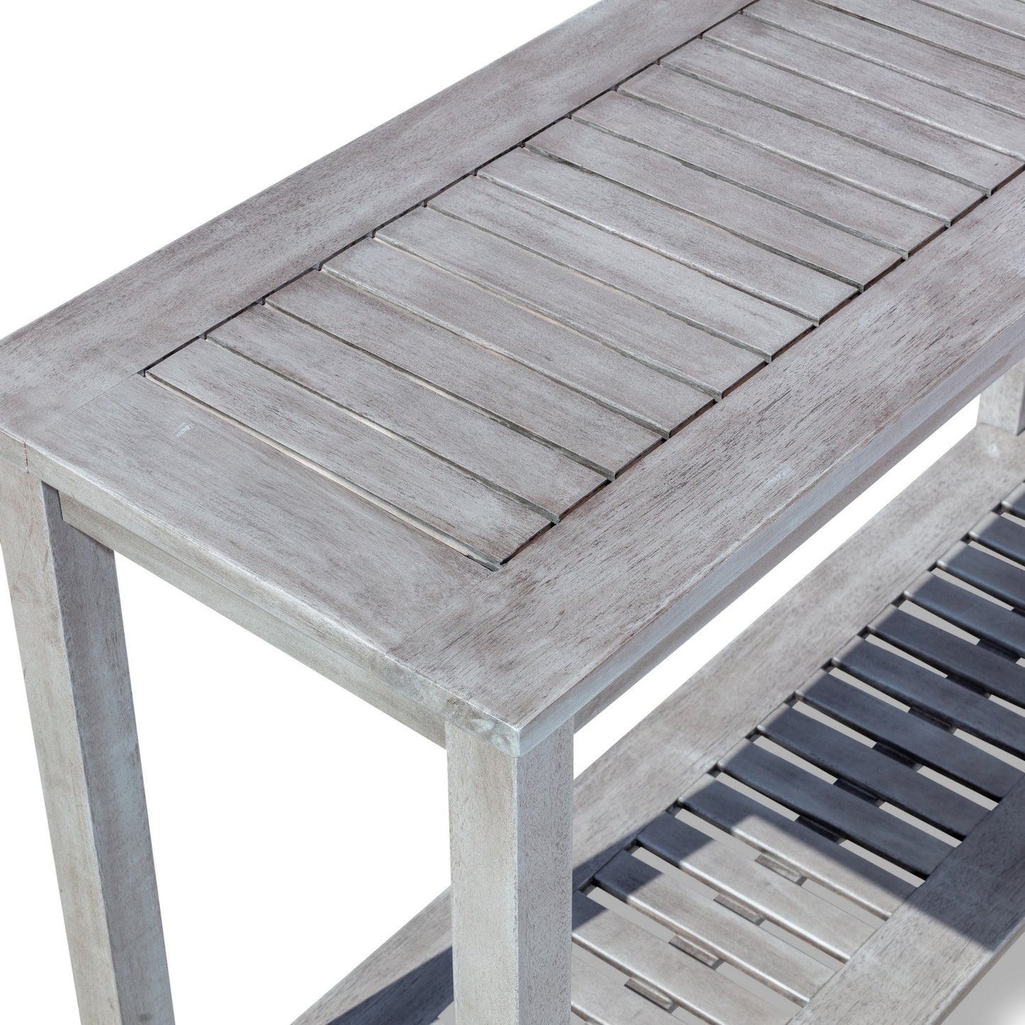 48 Inch Console Table, 2 Shelves, Slatted Design, Eucalyptus Silver Gray