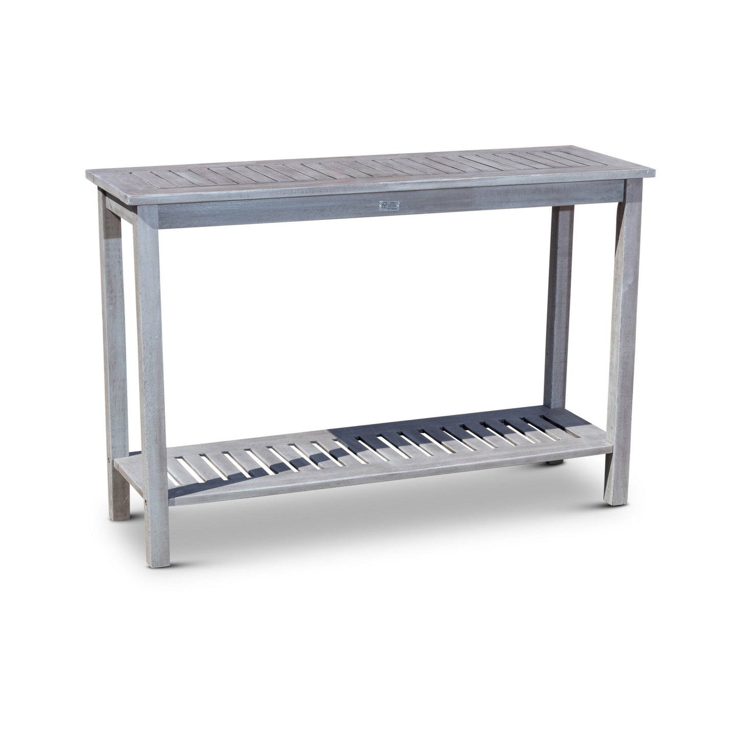 48 Inch Console Table, 2 Shelves, Slatted Design, Eucalyptus Silver Gray