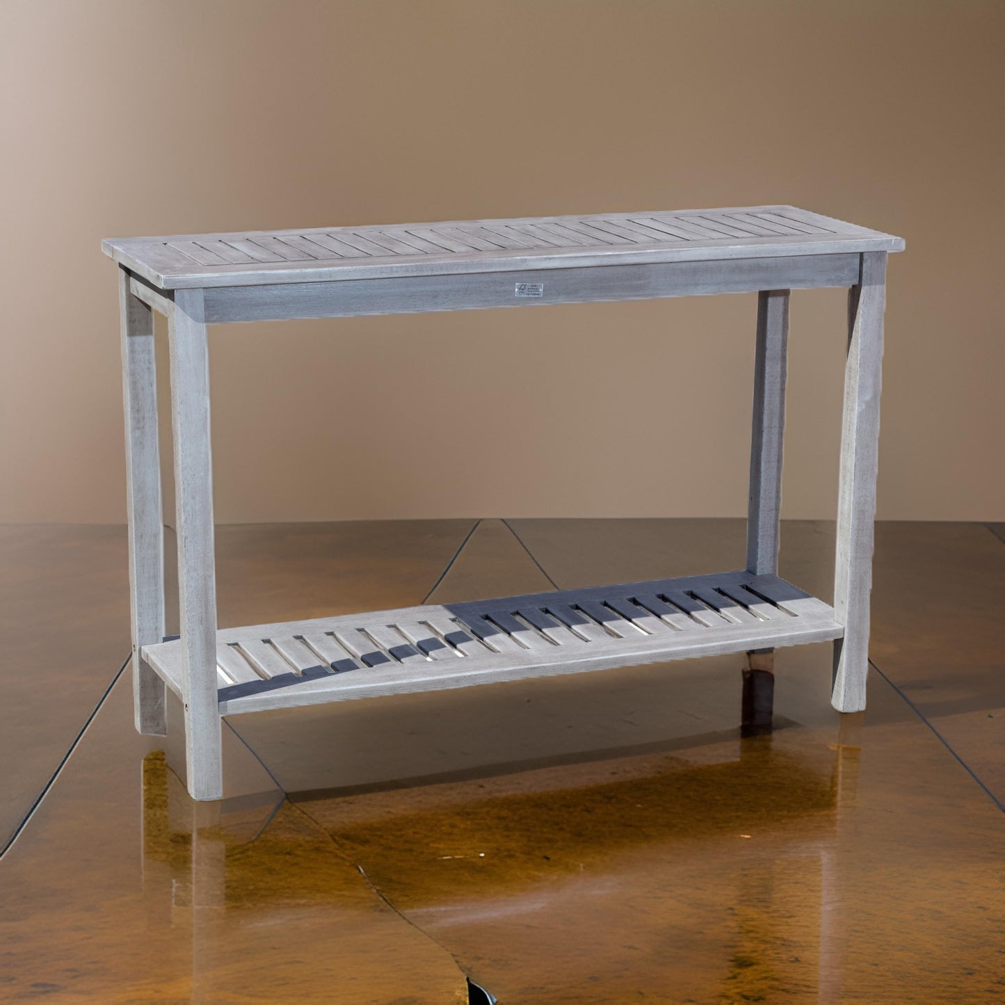 48 Inch Console Table, 2 Shelves, Slatted Design, Eucalyptus Silver Gray