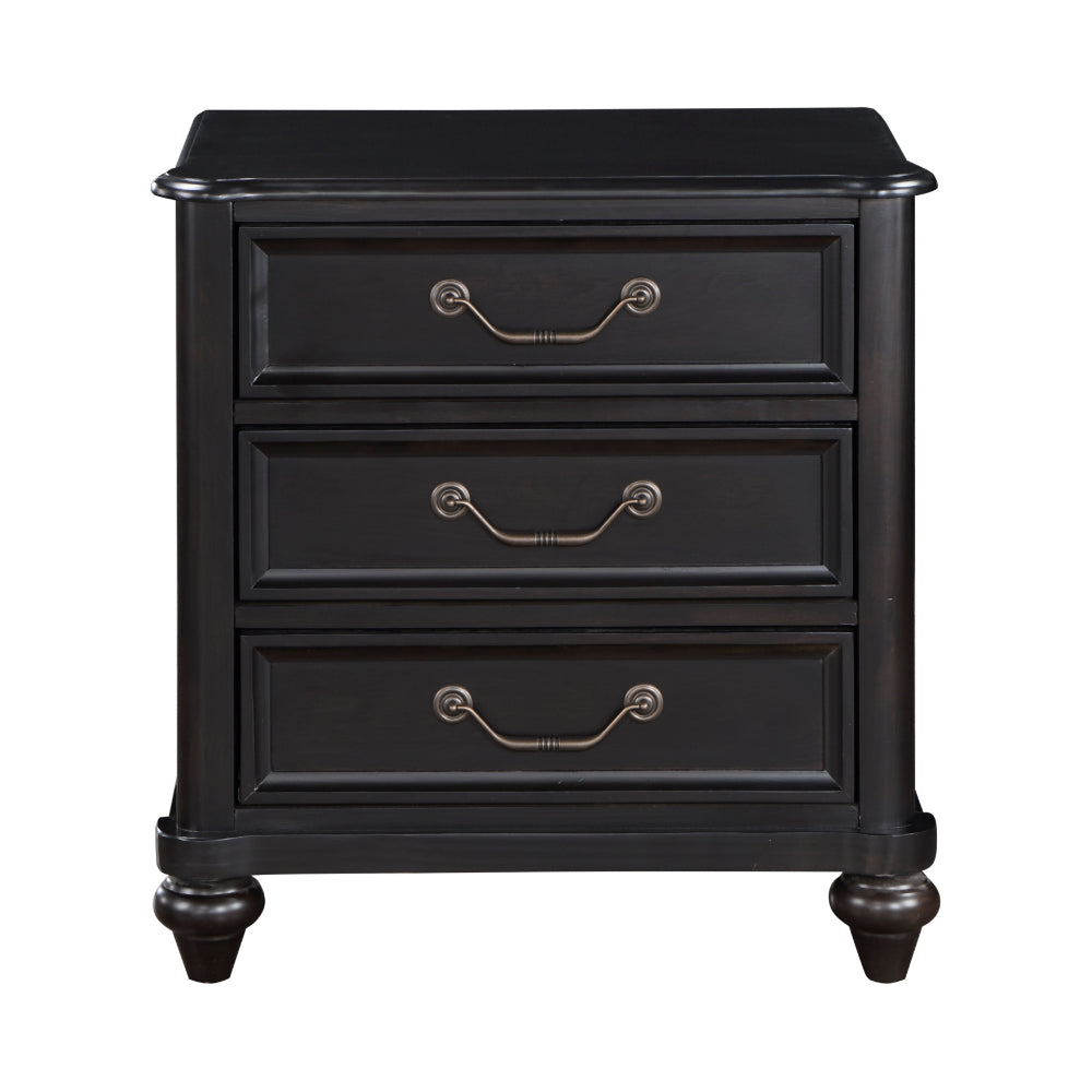 Vix 27 Inch Nightstand, 3 Drawers, Molded Design Pewter Drop Handles, Black