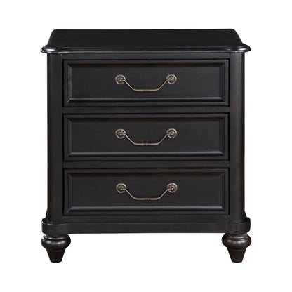 Vix 27 Inch Nightstand, 3 Drawers, Molded Design Pewter Drop Handles, Black