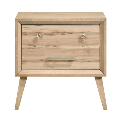 Kali 27 Inch Nightstand, 2 Drawers, Nickel Handles, Oak Brown Solid Wood