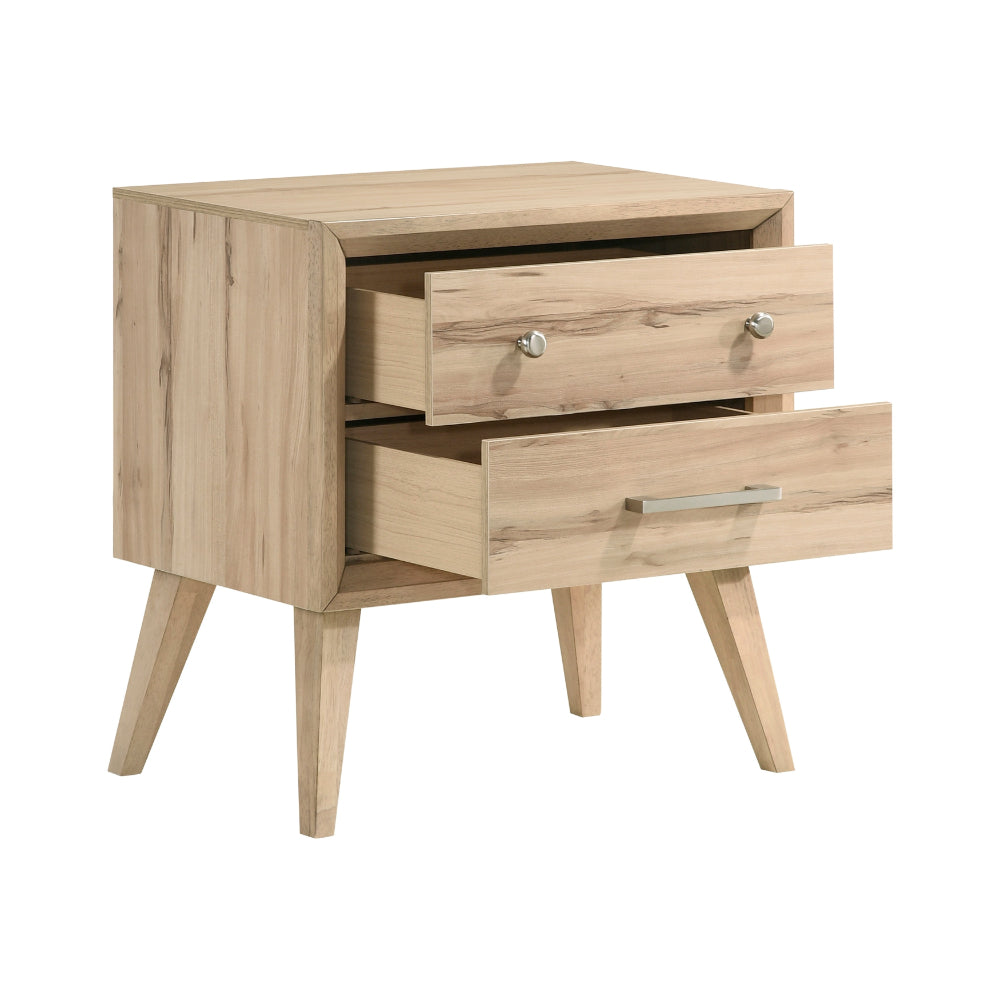 Kali 27 Inch Nightstand, 2 Drawers, Nickel Handles, Oak Brown Solid Wood
