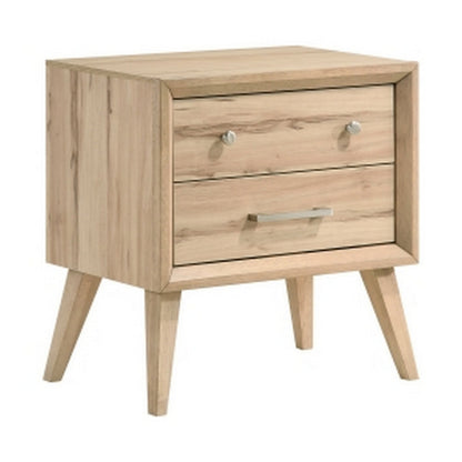 Kali 27 Inch Nightstand, 2 Drawers, Nickel Handles, Oak Brown Solid Wood