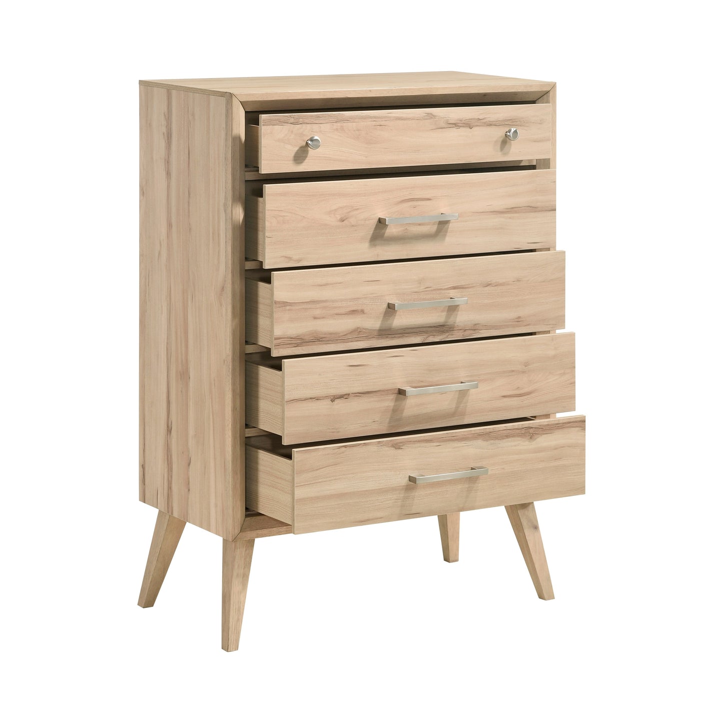 Kali 49 Inch Tall Dresser Chest, 5 Drawers, Nickel Handles, Oak Brown Wood
