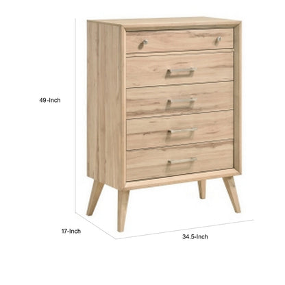 Kali 49 Inch Tall Dresser Chest, 5 Drawers, Nickel Handles, Oak Brown Wood