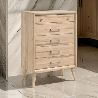 Kali 49 Inch Tall Dresser Chest, 5 Drawers, Nickel Handles, Oak Brown Wood