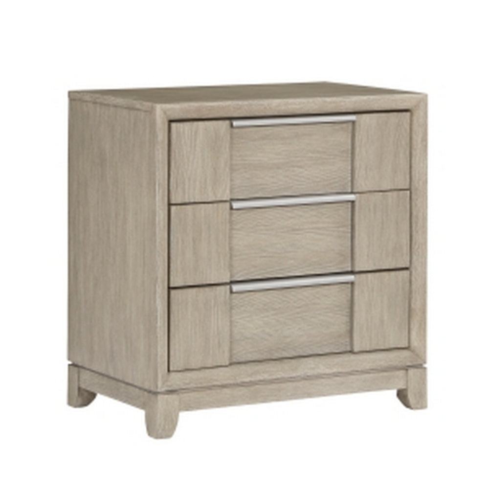 Owen 29 Inch Nightstand, 3 Drawers, USB Charging Port, Light Beige Wood