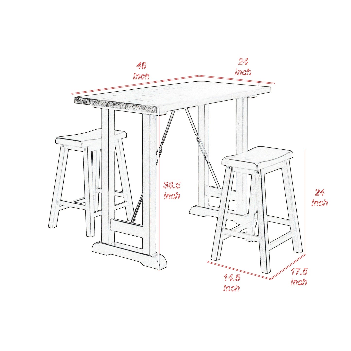 Neil 3 Piece Counter Height Set, 1 Table, 2 Stools, Cherry Brown Solid Wood