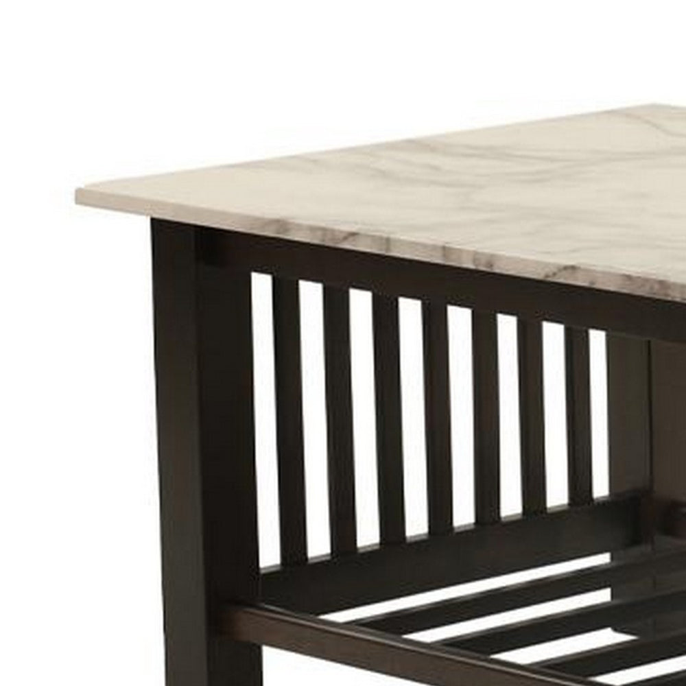Moen 47 Inch Coffee Table, White Faux Marble Top, Bottom Shelf, Black Wood