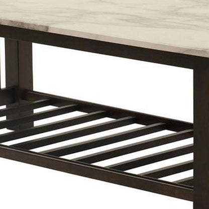 Moen 47 Inch Coffee Table, White Faux Marble Top, Bottom Shelf, Black Wood