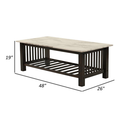 Moen 47 Inch Coffee Table, White Faux Marble Top, Bottom Shelf, Black Wood