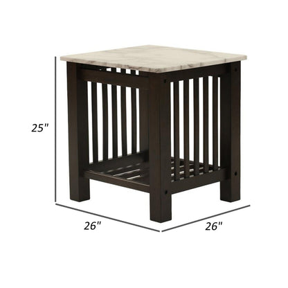 Moen 21 Inch Side End Table, White Faux Marble, Bottom Shelf, Black Wood