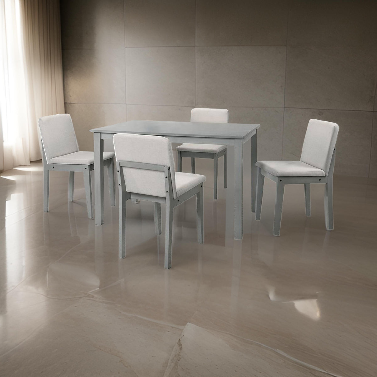 Zory 5pc Dining Table Set with 4 Cushioned Chairs, Beige Burlap, Gray Wood
