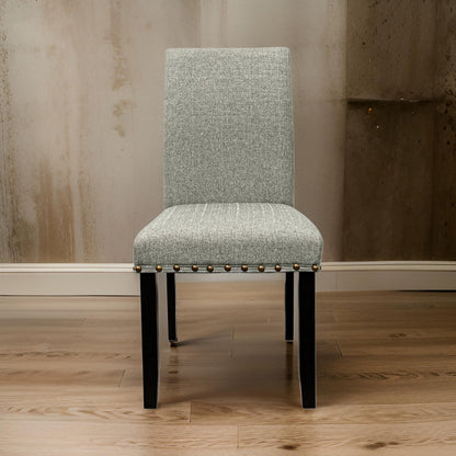 Sie 25 Inch Dining Chairs, Set of 2, Nailhead Trim, Padded Gray Upholstery, Black Wood