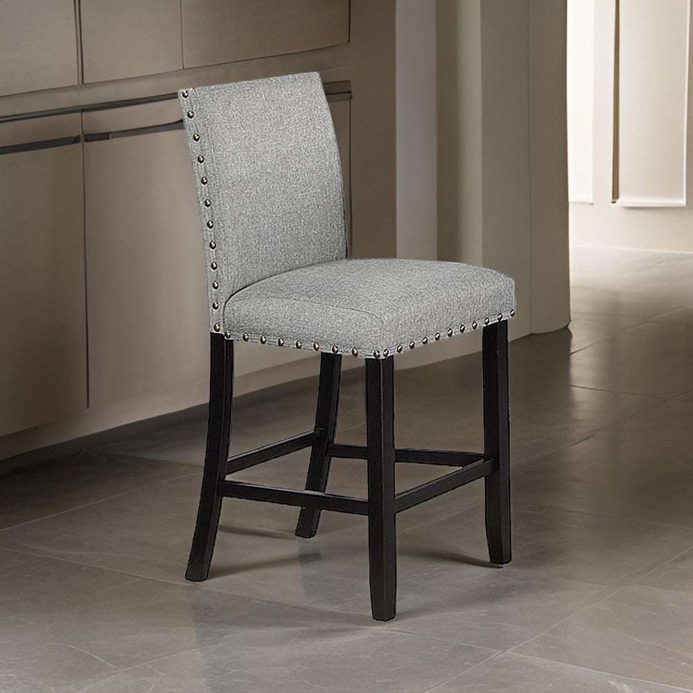 Rina 24 Inch Counter Height Chair, Gray Fabric, Black Wood, Set of 2