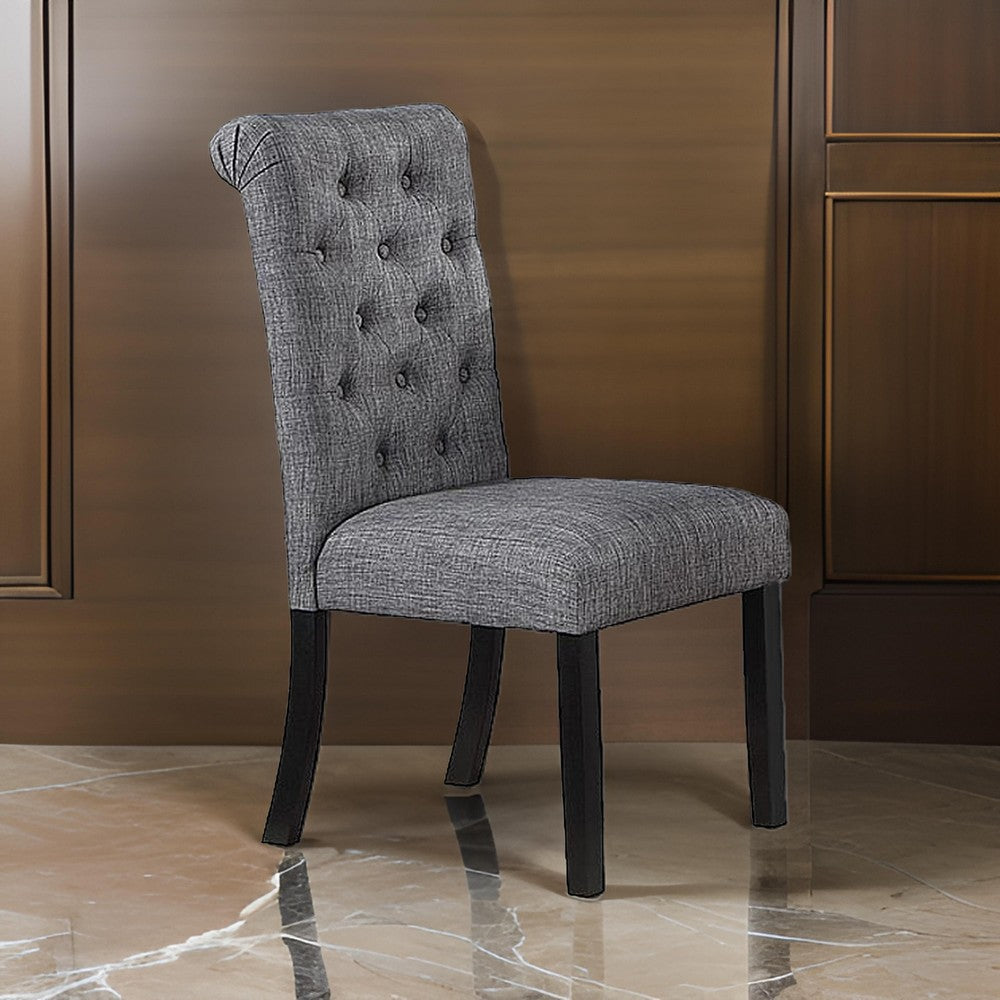 Jie 25 Inch Dining Chairs, Set of 2, Tufted Gray Upholstery, Rolled Top, Black Wood